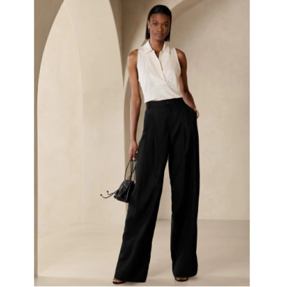 Banana Republic LENA Linen WIDE LEG Black PLEATED Pant sz 6 PETITE #629205 $140